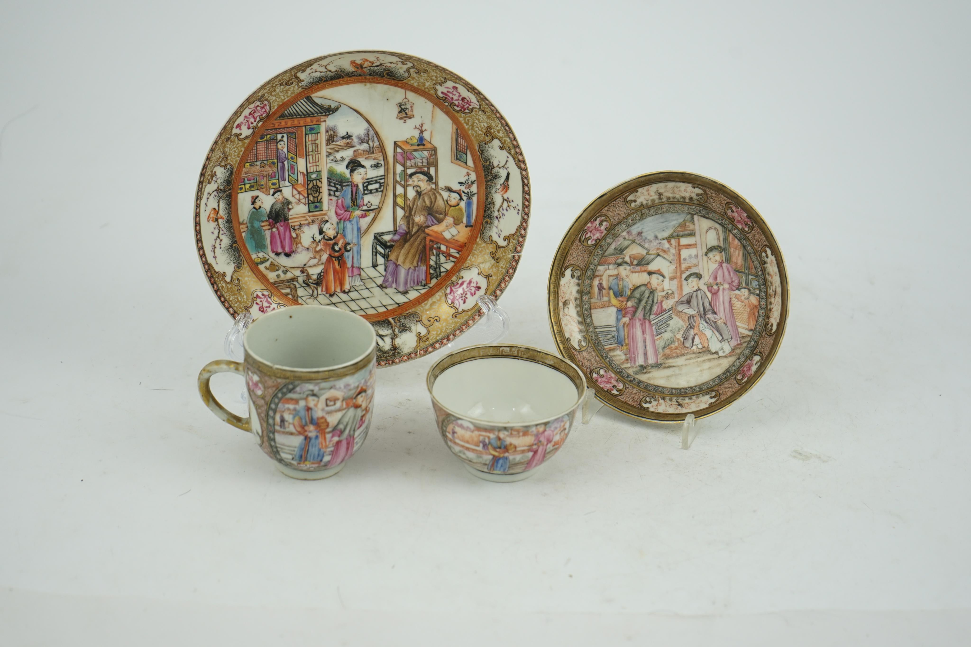A Chinese ‘mandarin’ pattern tea bowl, coffee cup and saucer, Qianlong period